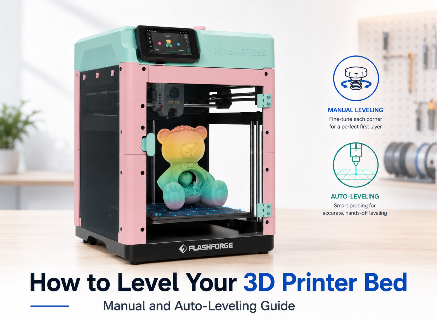 Flashforge 3D printer bed leveling guide for manual and auto leveling