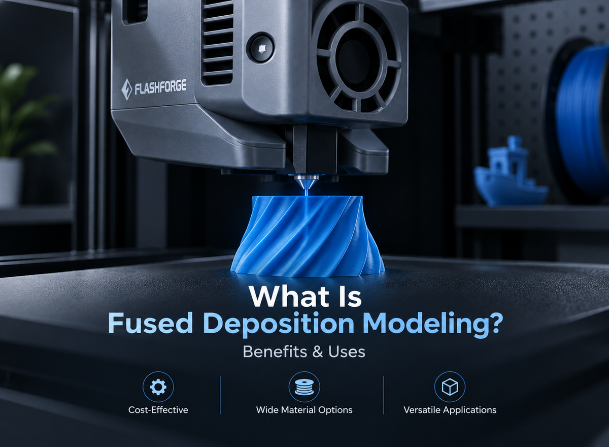 FDM 3D printer creating a blue layered model