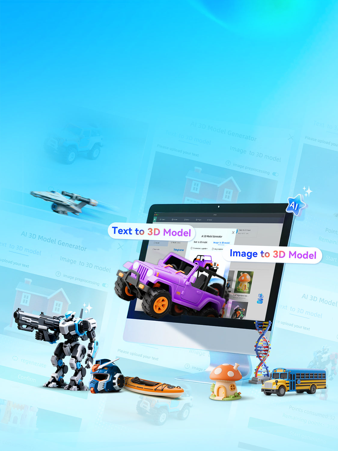 Various 3D models generated by Orca Flashforge's AI from text and image inputs