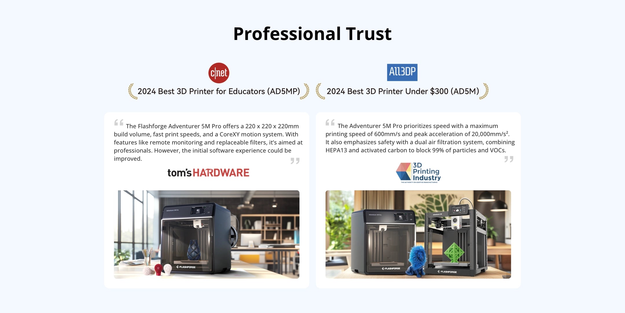 Flashforge AD5M Series Certificated by CNET and ALL3DP