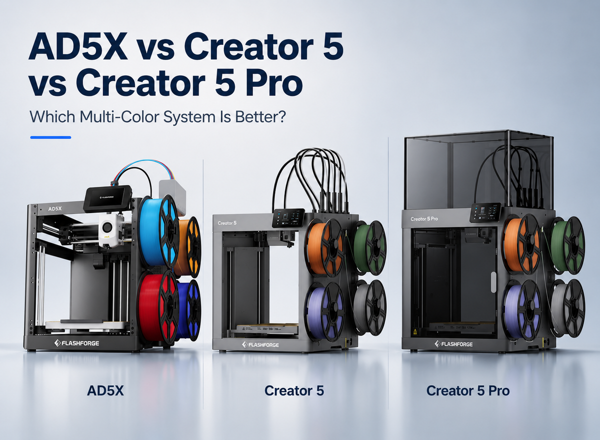 AD5X vs Creator 5 vs Creator 5 Pro multi-color 3D printers.