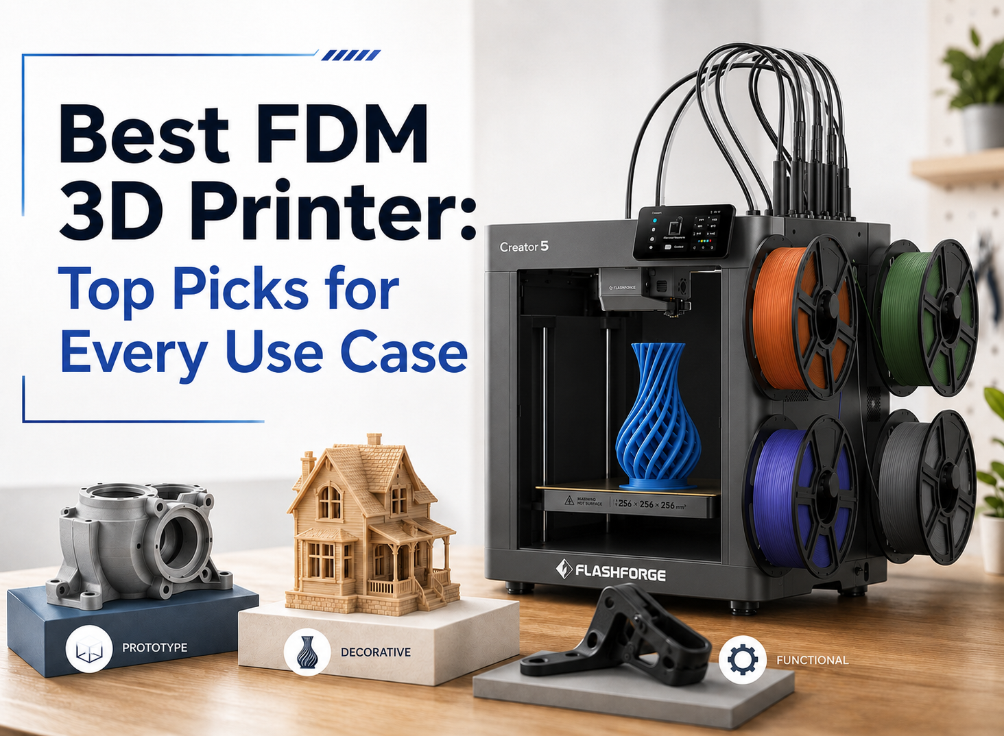 FlashForge Creator 5 3D printer with multicolor filament spools and sample 3D prints.