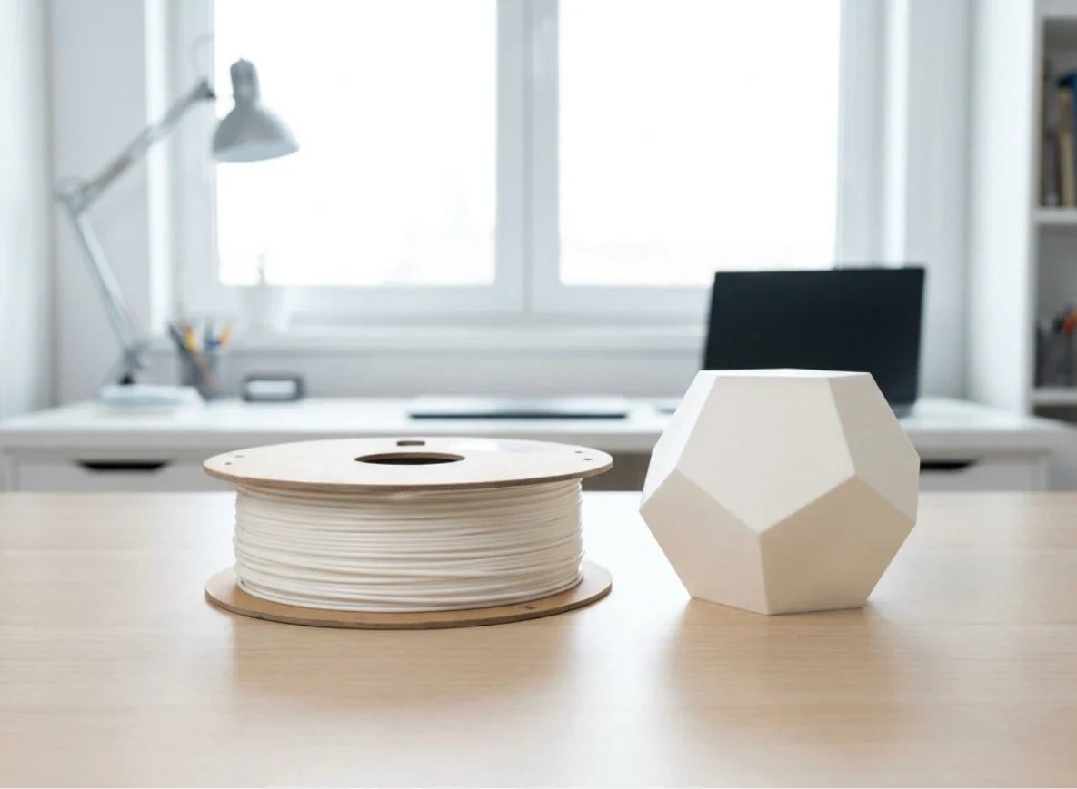 White 3D printing filament spool next to a smooth white 3D printed geometric planter, on a light wooden desk in a bright home office