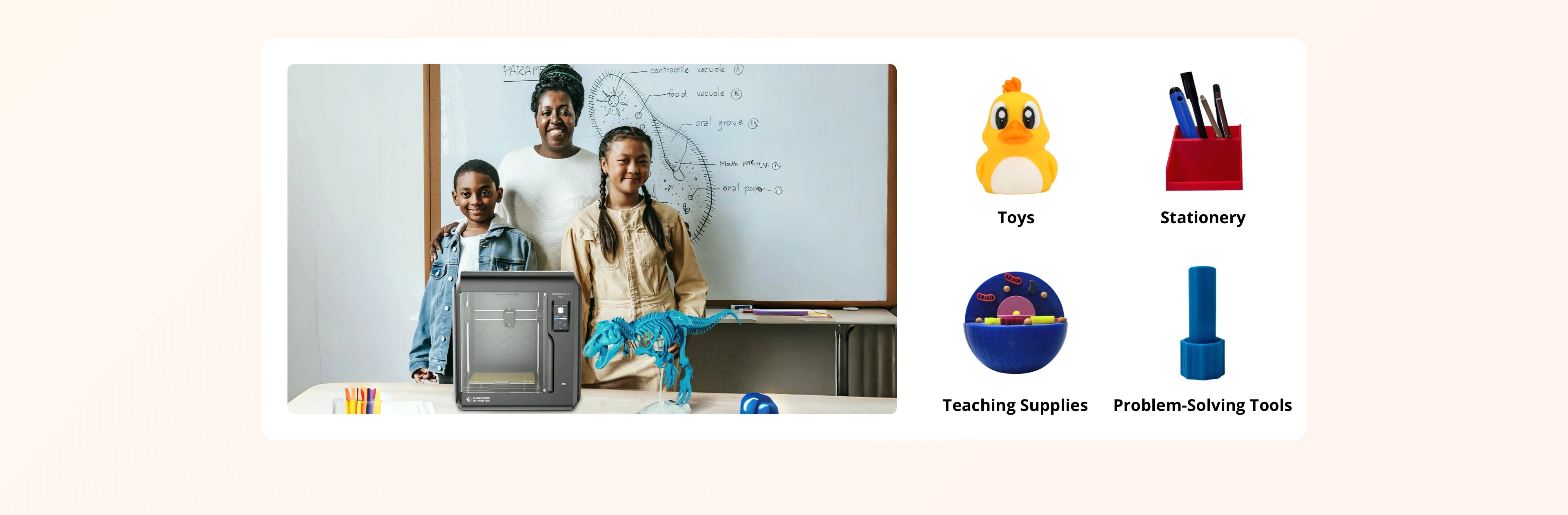 Classroom equipped with a Flashforge 3D printer, showcasing educational tools like toys, stationery, teaching supplies, and problem-solving models created using 3D printing.