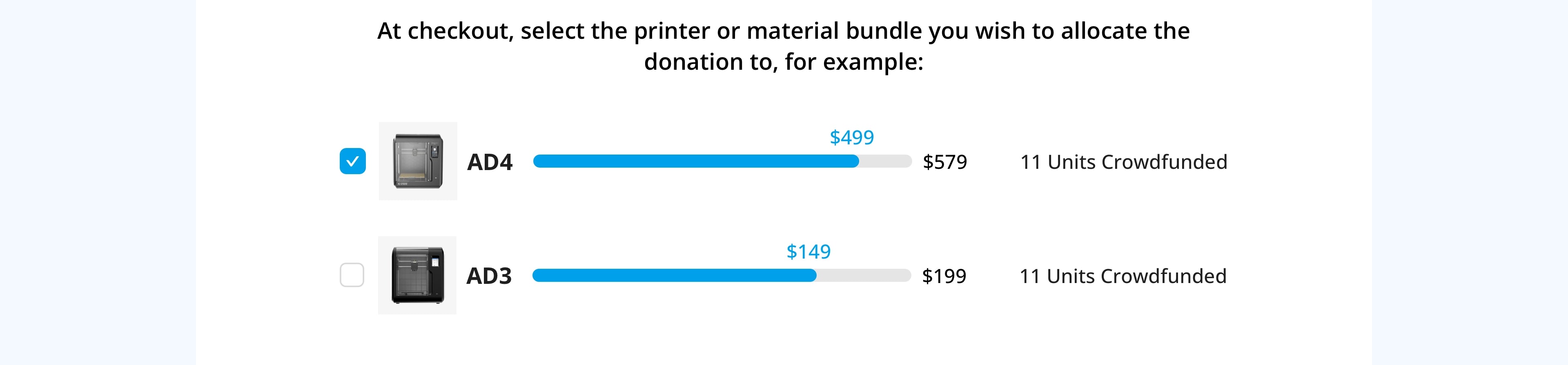 Example of selecting a 3D printer or material bundle at checkout to allocate donation funds for Flashforge's crowdfunding campaign.
