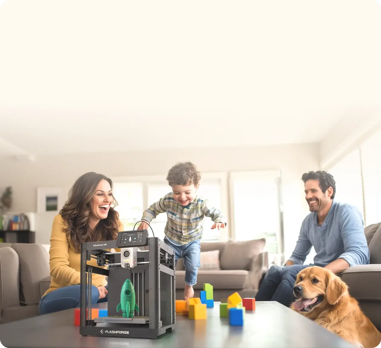 Family using Flashforge 3D printer for home decor.