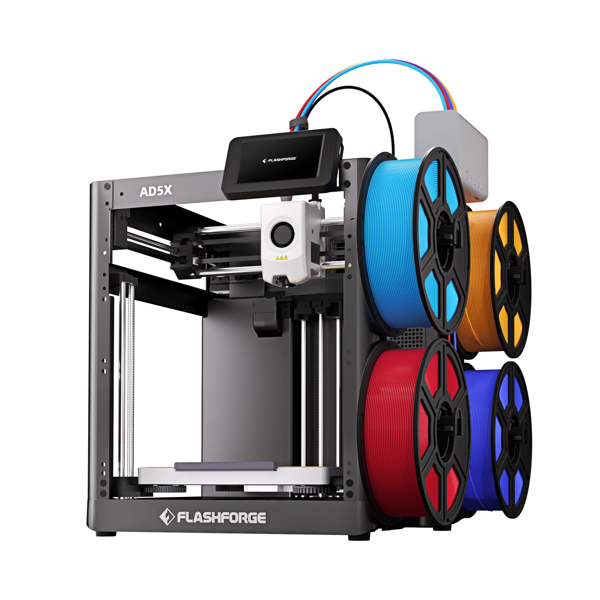 Imprimante 3D multicolore Flashforge AD5X présentant des options d'impression multicolores et dynamiques.