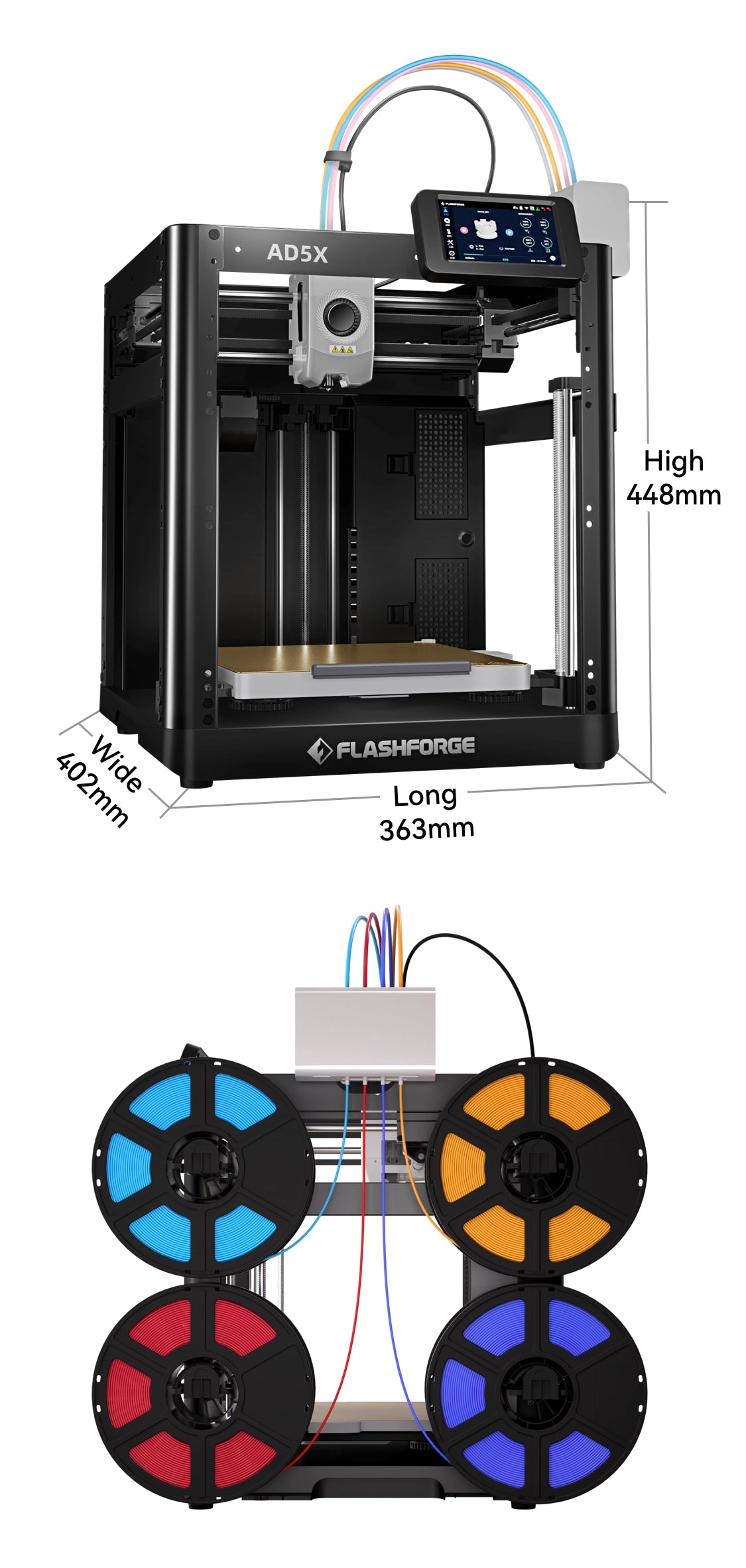 Flashforge AD5X présente une conception compacte avec des bobines de filament côte à côte pour un gain de place efficace