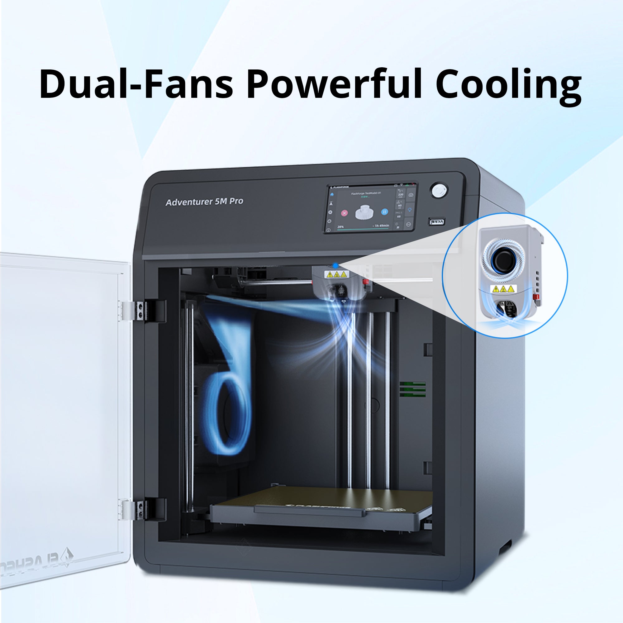 Dual-fan cooling on Adventurer 5M Pro prevents warping at high speed